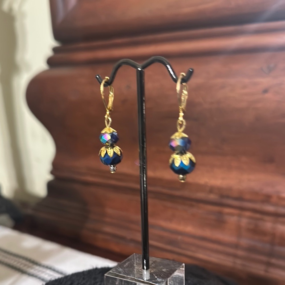 Gold and Blue Dangle Earrings with Pearl Accents